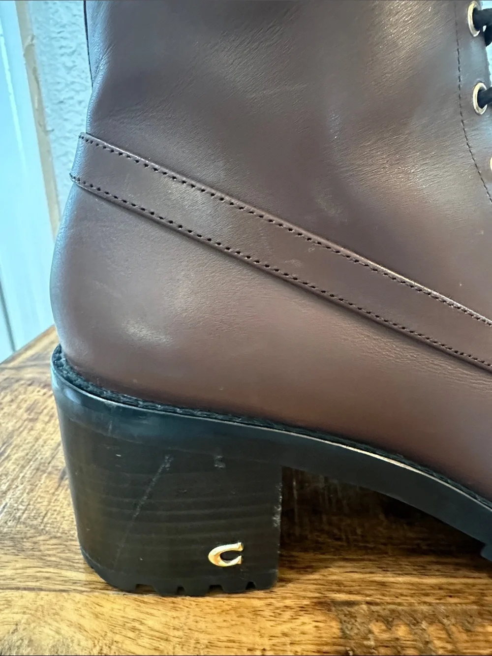 Coach Brown Leather Platform Booties with Signature Monogram Cuff SZ 9B